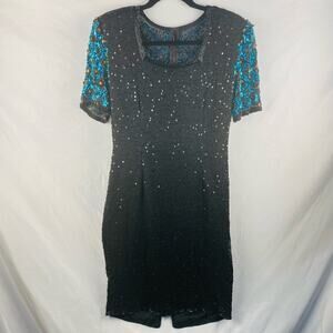 Vintage Stenay Silk Sequin Black Blue‎ Cocktail Holiday Party Dress Size 4